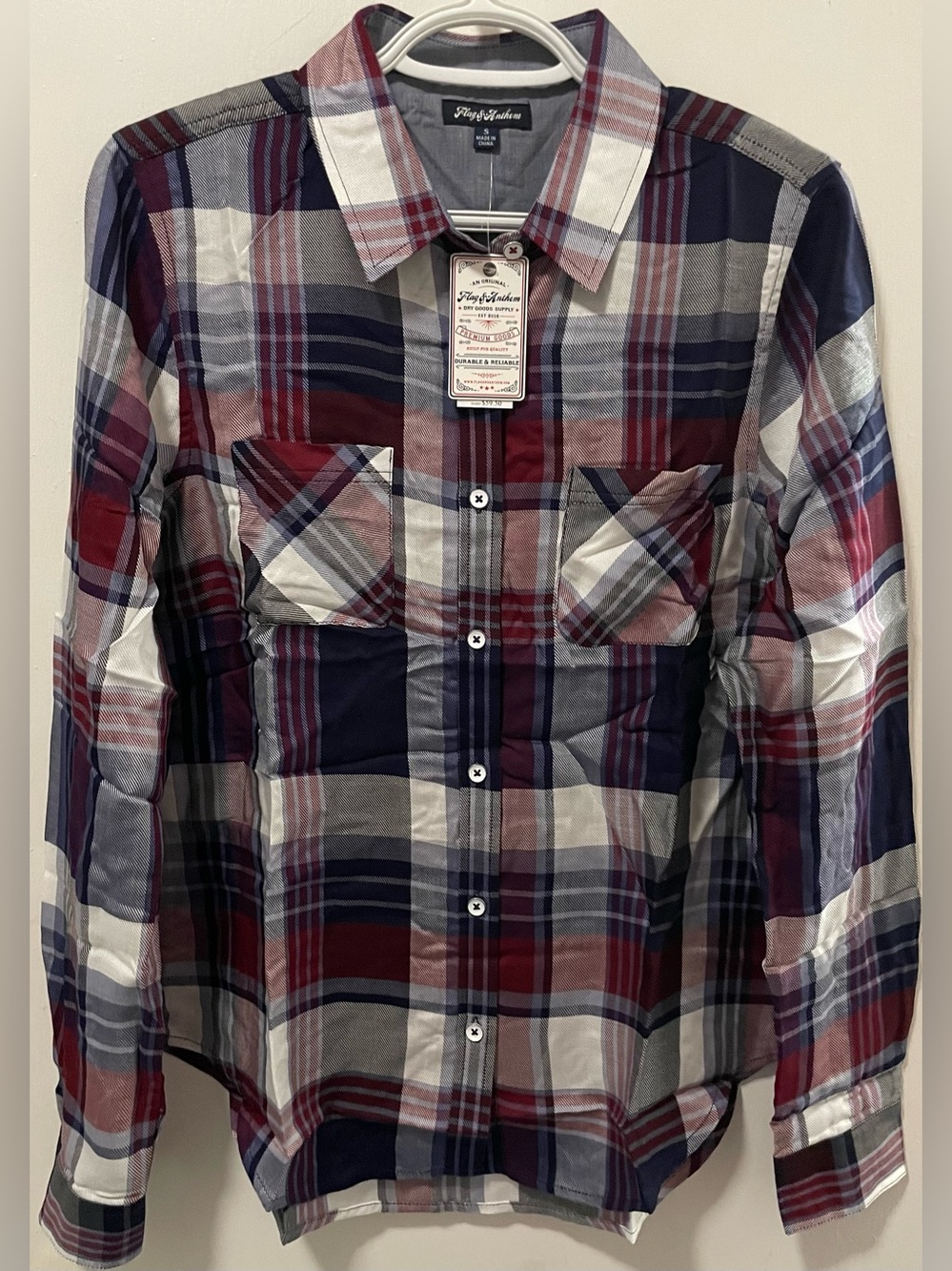 Flag & Anthem Women’s Navy Wine White Plaid Button-Up Long Sleeve Shirt Small S